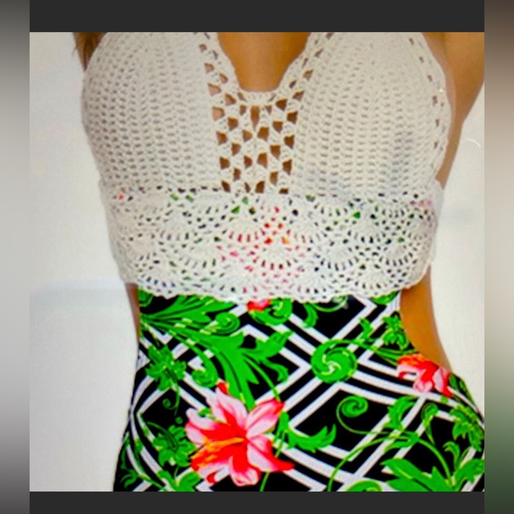 White Crochet Top 1 Piece Swimsuit with Tropical Print Bottom (New!)